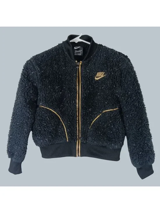 Nike Sherpa Metallic Sparkle Full Zip Jacket Girls Small Black Travel School