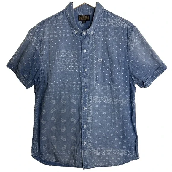 True Religion Chambray Bandana Button Down Shirt Mens Medium Blue Logo Pocket