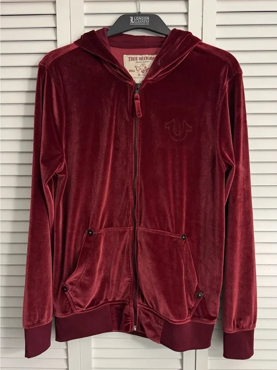 True Religion Men's Velour Zip-Up Hoodie in a deep burgundy or maroon color.