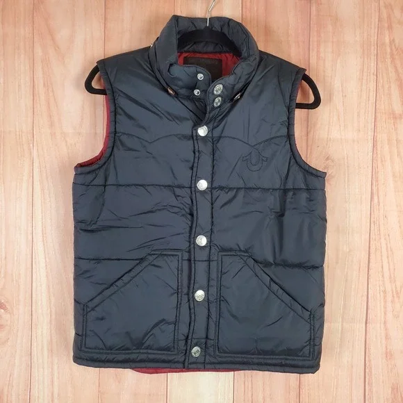 True Religion Mens Puffer Vest Medium Black 100% Nylon Sleeveless Button Up