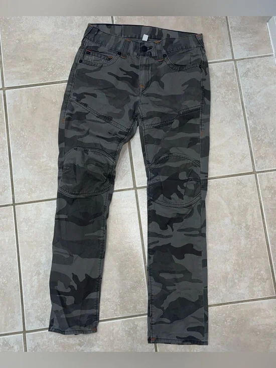 Men's True Religion Moto Skinny Fog Black T Orange Stitch Camo Jeans Pants 32