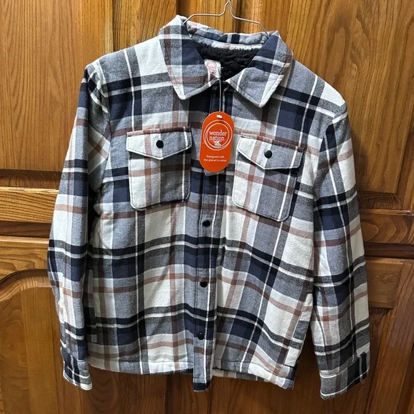 Boys‎ black/brown/white plaid Button-Up Shirt JACKET  Size 10-12 NEW