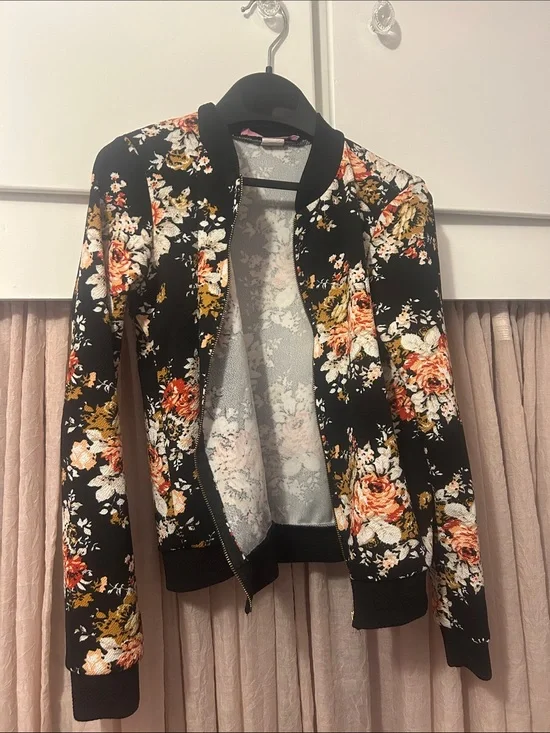 Just 2 Cute Girls Black Floral Bomber Jacket with Orange, White & Gold Flowers