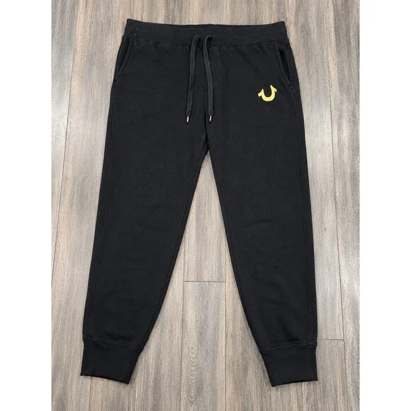 True Religion XL Black Fleece Joggers Gold Horseshoe Logo Sweatpants Mens