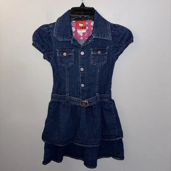 Hello Kitty Girls‎ Jean Denim Dress Size 6 Layers Belt Puff Sleeves Y2K