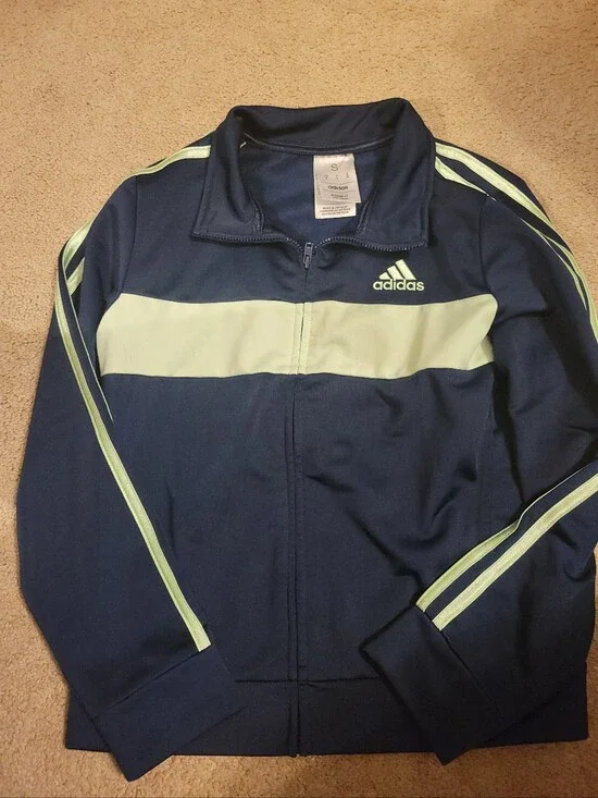 Boy's Adidas Navy Jacket with Pale Green Chest and Sleeve Stripes