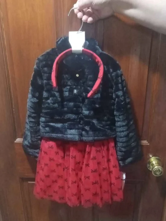 Girls Black Faux-Fur Jacket with Red Bow Skirt and Headband