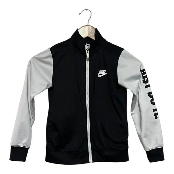 Nike Boy's Futura Tricot Jacket Boys 6-7 Full Zip Spellout Black White