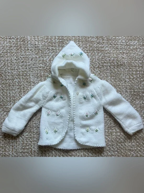 Vintage White Hand-Knit Baby Cardigan Sweater Pixie Hood Floral Embroidery
