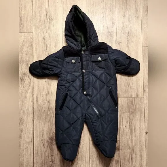 Rothschild Quilted Snowsuit Plaid Lining Corduroy Trim Navy Blue Black Size 3-6M