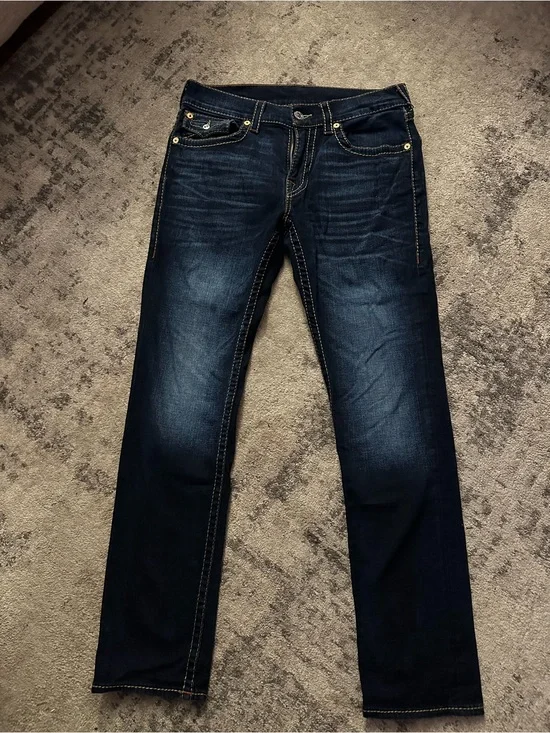 True Religion Men’s Dark Blue Straight Jeans with Contrast Stitching