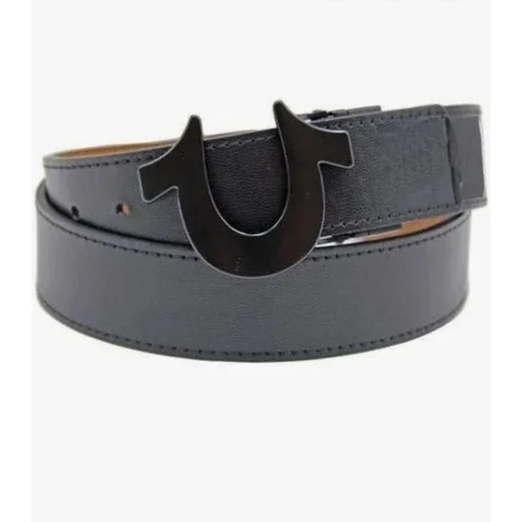 True Religion Mens Reversible Belt Black Tan Monogram Horseshoe Buckle Size 36