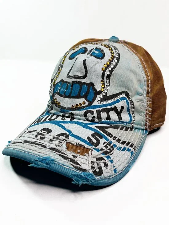 True Religion Uranium City Pi-Rats 59 Skull Rhinestone Distressed Cap Hat