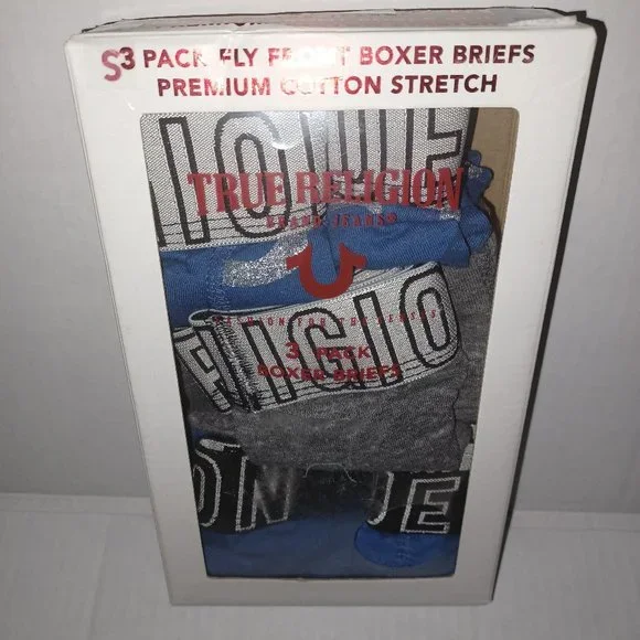TRUE RELIGION 3 PACK FLY FRONT BOXER BRIEFS PREMIUM COTTON STRETCH