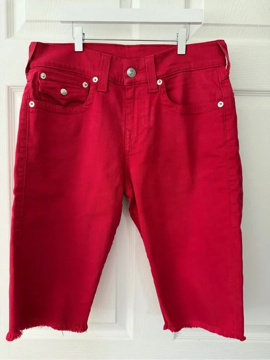 True Religion Bright Red Ricky Denim Cutoff Shorts