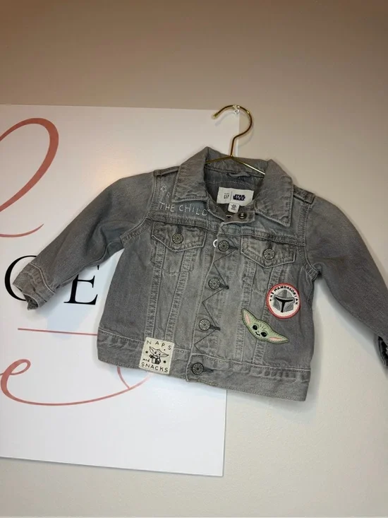 GAP Gray Denim Kids Jacket with Grogu & Patch Accents