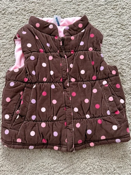 CARTERS Girls Vest Brown Pink Polka Dot Puffer Zip Up Sz 2T with Pockets
