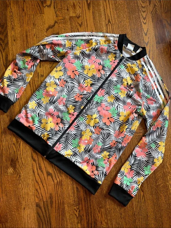 EUC adidas Tropical Floral Print Jacket in Black, Yellow, Coral, Green YXL
