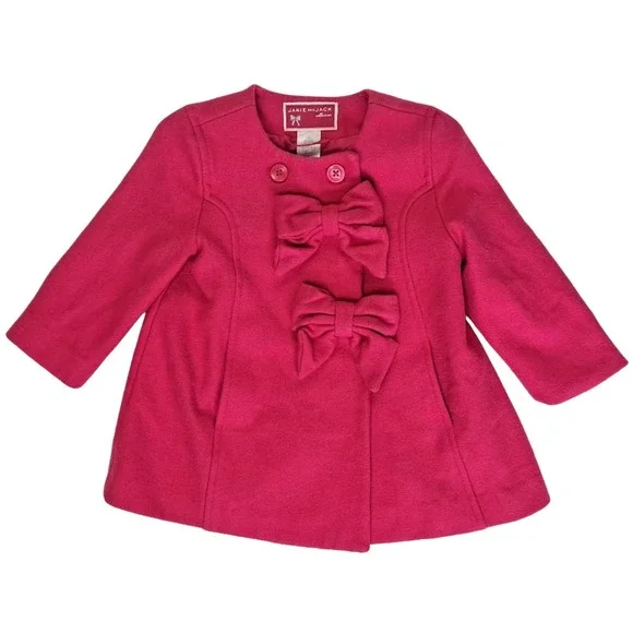 Janie & Jack Winter Bright 12 18 24 Mos Pink Baby Girl Dress Coat Bow Wool Solid