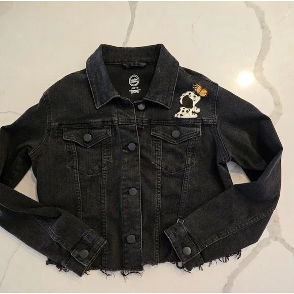 Wonder Nation L 10-12 Puppy Denim Jacket Kids Girls Black Frayed Patch Trucker