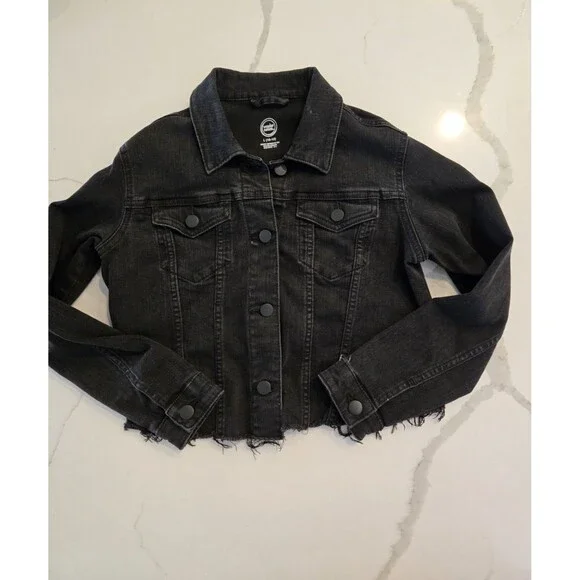 Wonder Nation L 10-12 Cropped Denim Jacket Kids Girls Black Frayed Patch Trucker