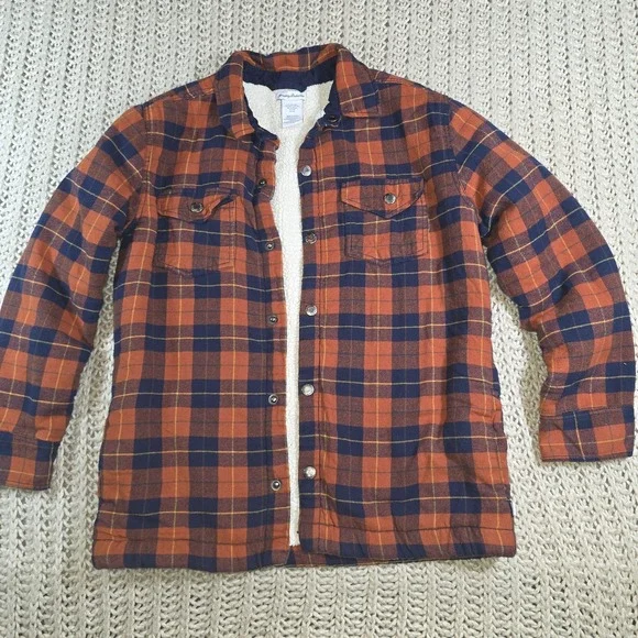 Tommy Bahama Kids Flannel Jacket Boys XXL (16) Plaid Sherpa Lined Orange & Blue
