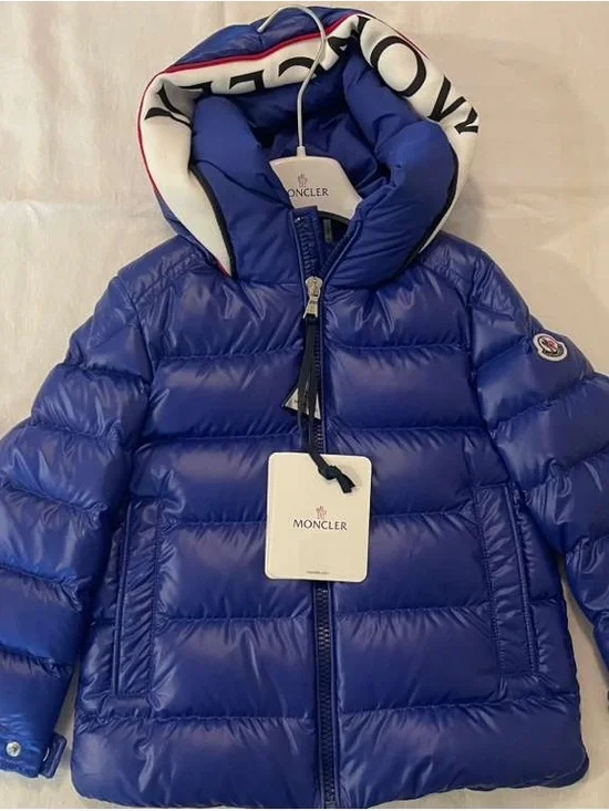 Moncler Kids Blue Puffer Jacket with White Logo Trim