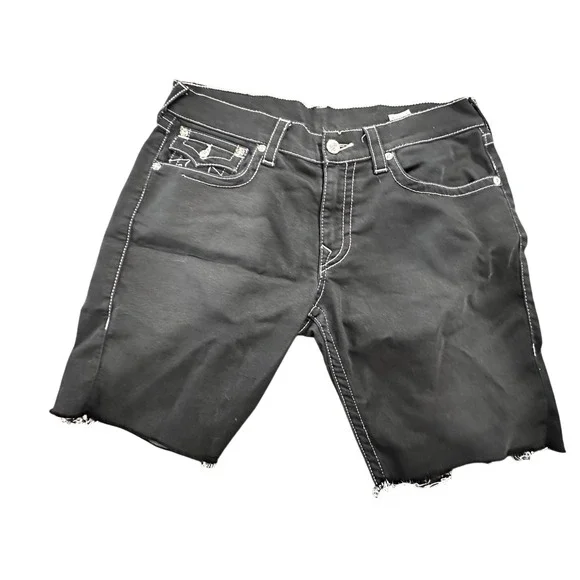 True Religion Mens Black White Thick Stitch Straight Denim Cut Off Shorts 33