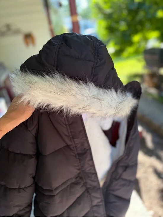 The Children's Place Black Puffer Jacket with Faux-Fur Trim Hood