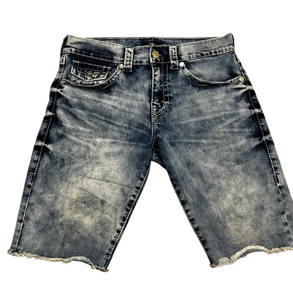 True Religion Ricky Relaxed Straight Acid Wash Denim Shorts 32 Raw Hem Grunge