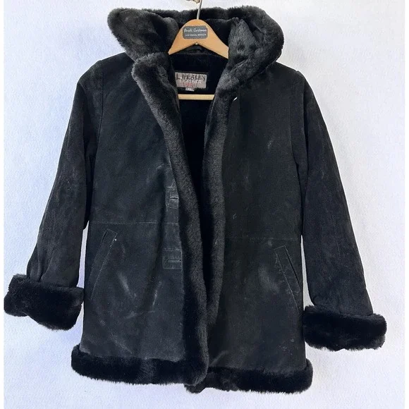 WILSONS Black Suede Coat Girl's Youth XL Faux Fur Lined Hooded
