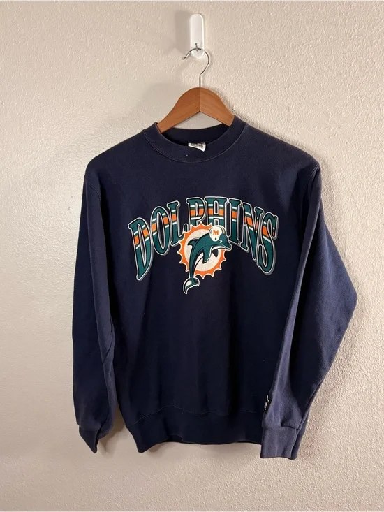 STARTER Navy Miami Dolphins Crewneck with Teal & Orange Logo