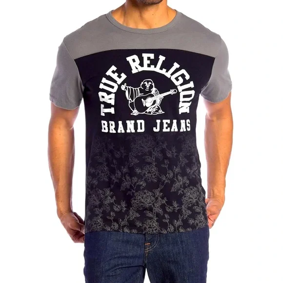 True Religion Men's Floral Graphic Football T-Shirt Black/Charcoal XXXL