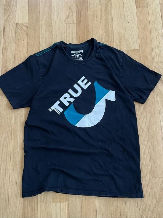 True Religion Black Short Sleeve Tee with Blue and White Logo