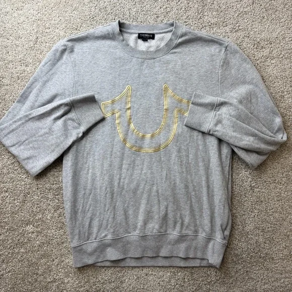 True Religion Sweatshirt Mens Medium Gray Fleece Crewneck Horseshoe Logo