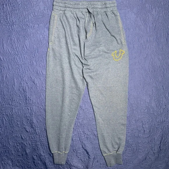 True Religion Mens Lounge Wear Joggers Blue Yellow Contrast Stitch Horseshoe Med