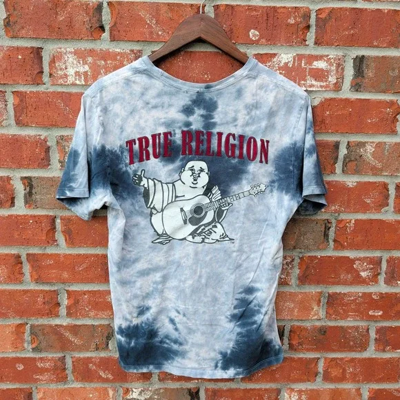 True Religion Graphic T-Shirt Mens Small Blue Tie Dye World Tour Buddha Guitar
