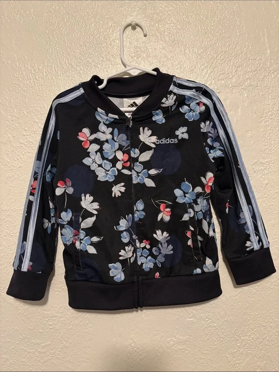 adidas Black Floral Track Jacket with Blue and Pink Accents