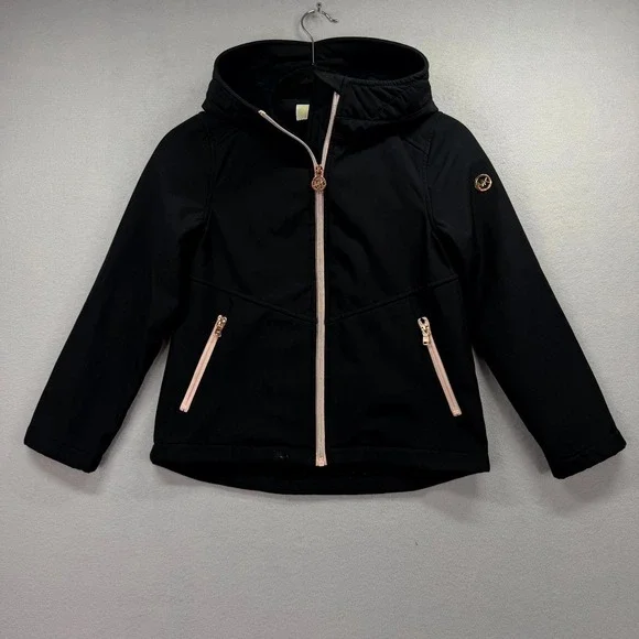 Michael Kors Soft Shell Jacket Girls 7/8 Black Fleece Lined Hooded Gold Full Zip