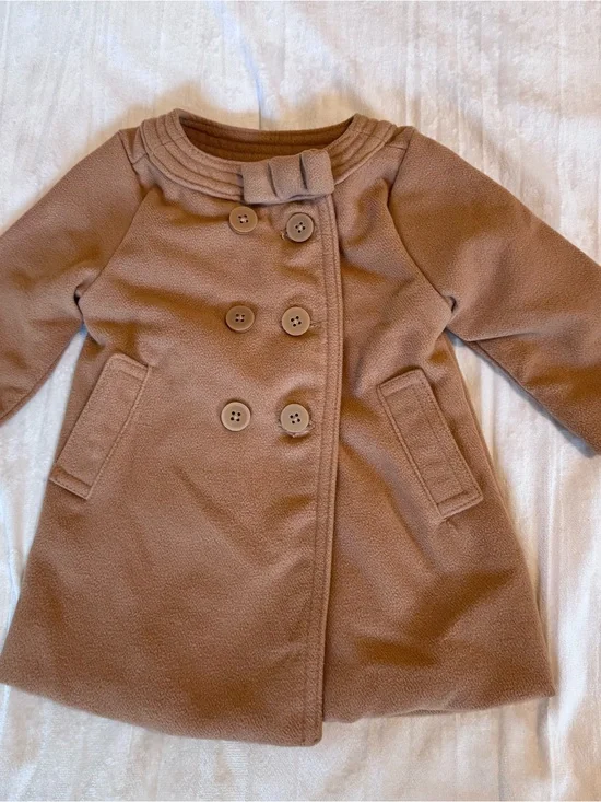Baby Girls' Classic Brown Double-Breasted Pea Coat with Bow Collar Size 6M