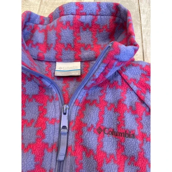 Columbia Girls Fleece Jacket Full Zip Purple Pink Houndstooth Size 14/16 XL