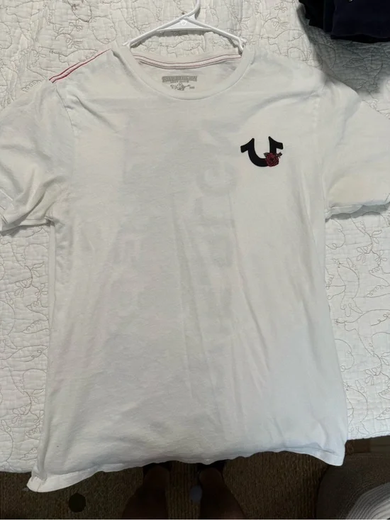 True Religion White Short Sleeve Tee with Black Logo and Red Accent