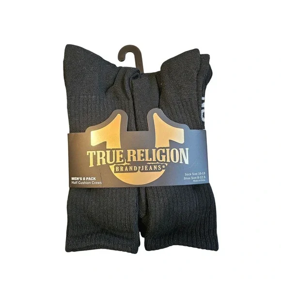 NEW True Religion 8-Pack Half Cushion‎ Crew Socks Men's Shoe Size 8-12.5 Black