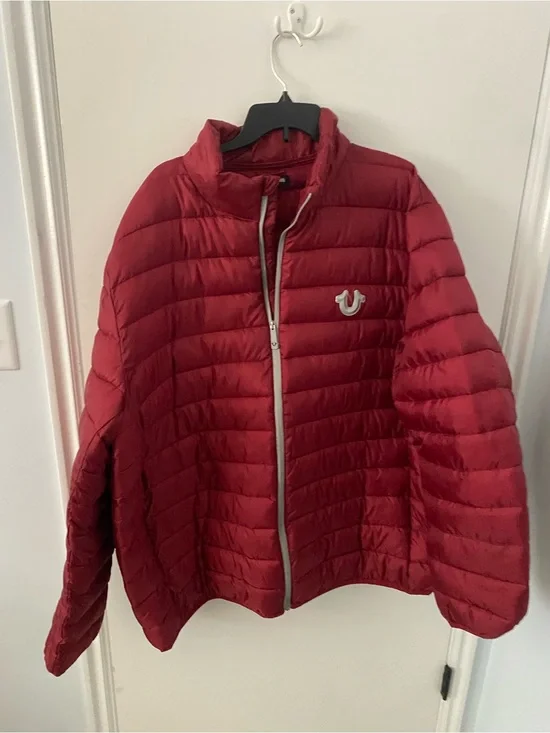 True Religion Red Quilted Jacket with Horseshoe Logo