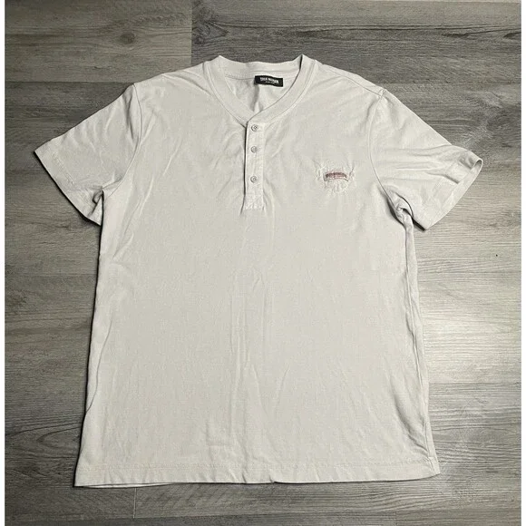True Religion Men’s SS Pique Mineral Patch Henley White Tee Sz M