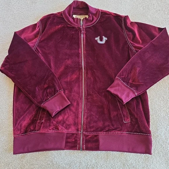 True Religion Jacket Men's S Burgundy Velvet Big T Mock Zip Up Broadway Gunmetal