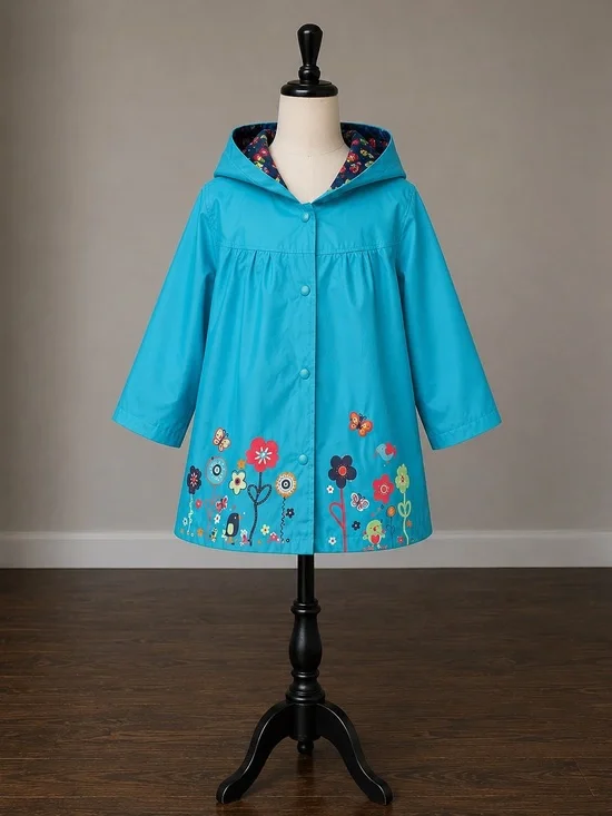 Kids Hooded Floral Raincoat - Turquoise