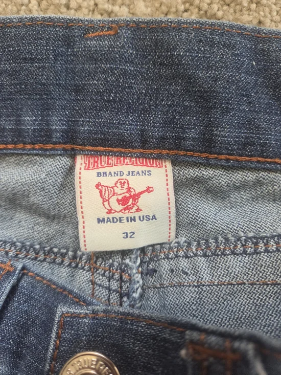 True Religion Men's Blue Denim Jeans with Orange Stitching