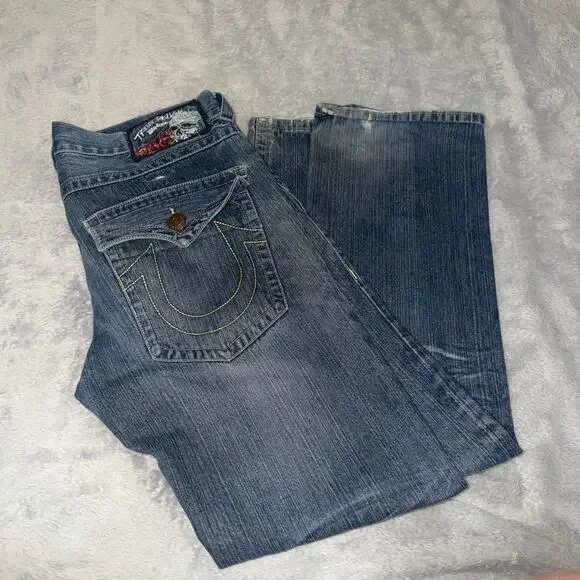 True Religion Billy Jeans Men’s 38 Skull Roses Horseshoe Blue Denim