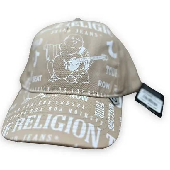 True Religion Buddha Trucker Hat Tan All Over Print‎ Cap Logo Snapback